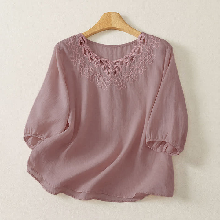 Buddha Stones Camiseta de manga tres cuartos para mujer, estilo casual vintage, con cuello redondo y bordado, para primavera/verano. - Rosa - US12, UK/AU16, EU44 (2XL) - image 10