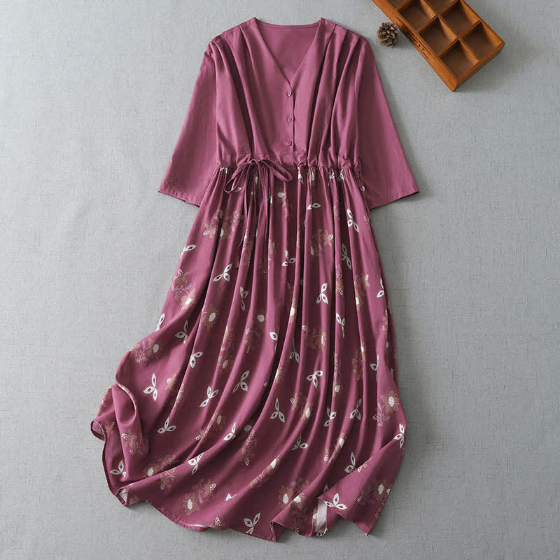 Buddha Stones Vestido de manga corta para mujer, estilo casual vintage, con botones, cordón ajustable y estampado floral, ideal para primavera y verano. - Rojo violeta pálido - US12, UK/AU16, EU44 (2XL) - image 0