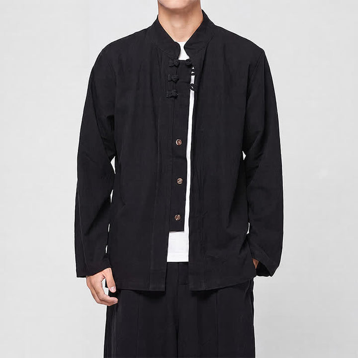 Buddha Stones Camisas de manga larga para hombre, estilo Tang minimalista, con cuello mandarín y botones de rana, ideales para primavera y otoño. - Negro - US/UK/AU46, EU56 (5XL) - image 9