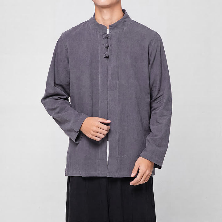 Buddha Stones Camisas de manga larga para hombre, estilo Tang minimalista, con cuello mandarín y botones de rana, ideales para primavera y otoño. - image 3