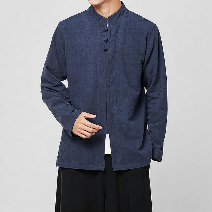 Buddha Stones Camisas de manga larga para hombre, estilo Tang minimalista, con cuello mandarín y botones de rana, ideales para primavera y otoño. - Marina de guerra - US/UK/AU46, EU56 (5XL) - image 5