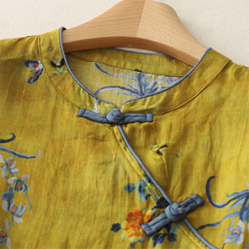 Buddha Stones Camiseta sin mangas para mujer estilo Summer Tang Vintage Frog Button Orchid Floral - image 42