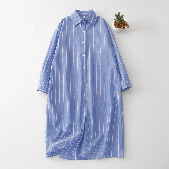 Buddha Stones Vestidos de manga larga a rayas con botones, estilo casual de primavera para mujer - Azul acero claro - US12, UK/AU16, EU44 (2XL) - image 0