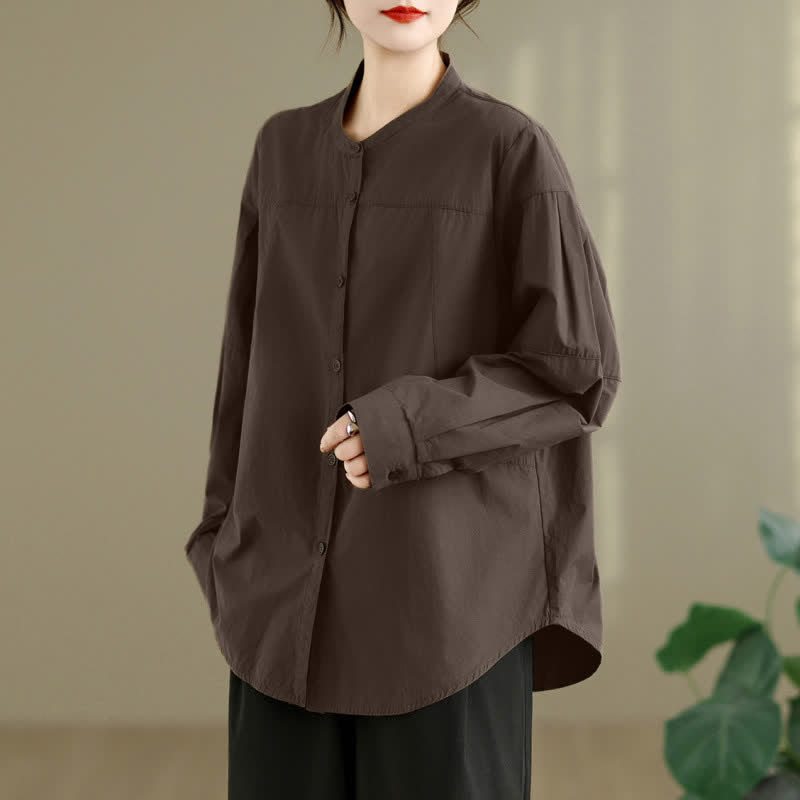 Buddha Stones Camisas de manga larga para mujer, estilo minimalista Tang, con cuello mandarín, color liso, para primavera y otoño. - Marrón silla de montar - US8-10, UK/AU12-14, EU40-42 (2XL) - image 0