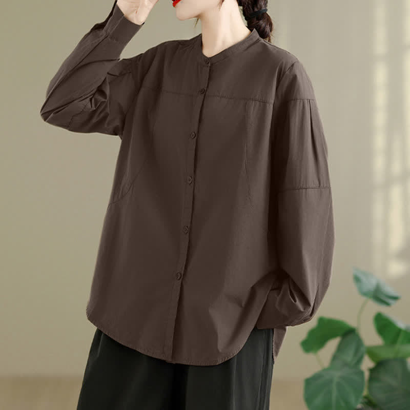 Buddha Stones Camisas de manga larga para mujer, estilo minimalista Tang, con cuello mandarín, color liso, para primavera y otoño. - image 1