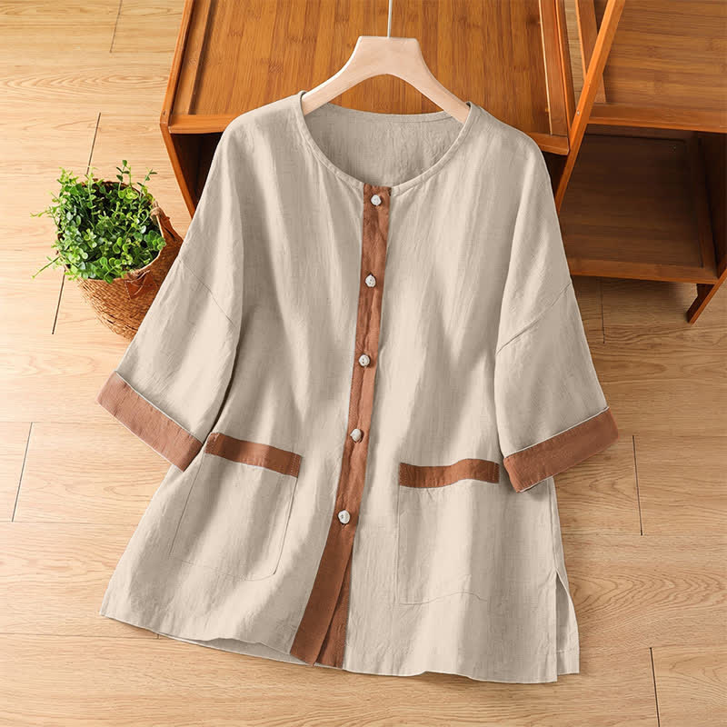 Buddha Stones Camisa de manga corta para mujer, estilo casual de verano, con botones y bolsillo de parche. - Lino - US8-10, UK/AU12-14, EU40-42 (2XL) - image 0