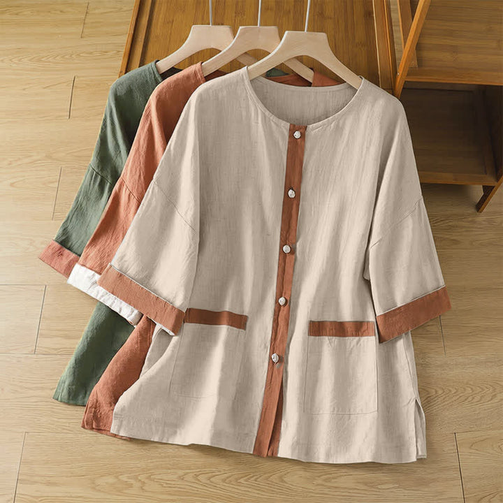 Buddha Stones Camisa de manga corta para mujer, estilo casual de verano, con botones y bolsillo de parche. - image 24