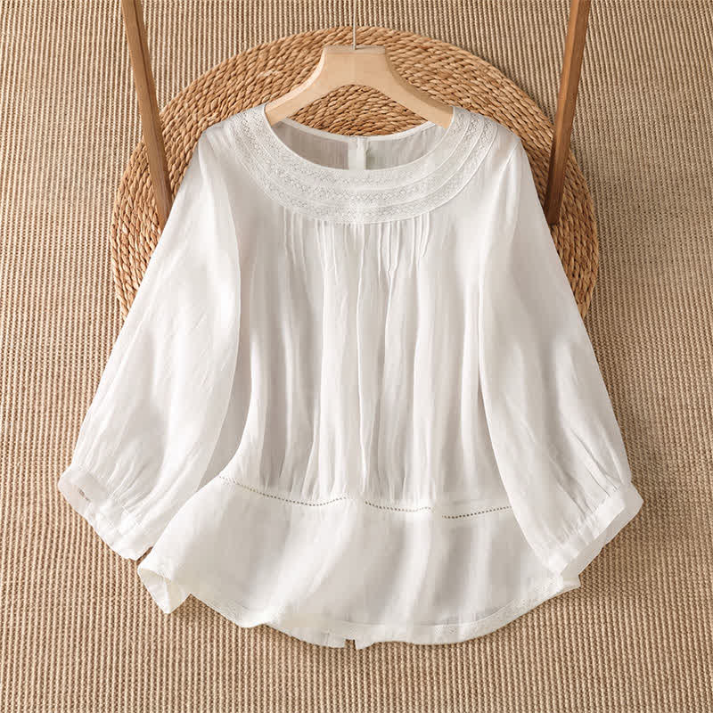 Buddha Stones Camiseta de manga larga para mujer, estilo casual elegante, con bordados, color liso, para primavera y verano. - Blanco - US12, UK/AU16, EU44 (2XL) - image 5