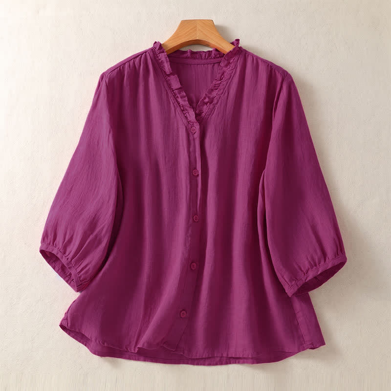 Buddha Stones Camisas casuales de manga corta con botones para mujer, de color liso, para primavera y verano. - Rojo violeta medio - US8-10, UK/AU12-14, EU40-42 (2XL) - image 6