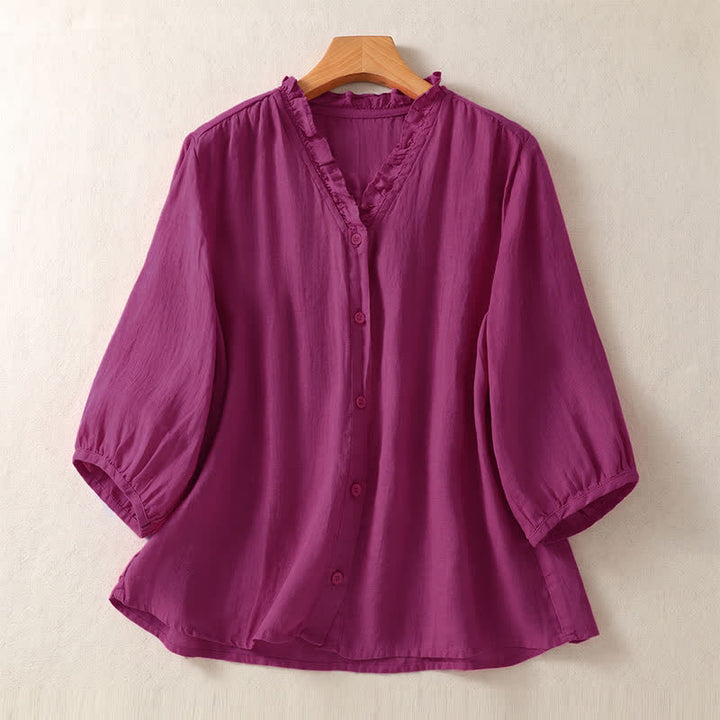 Buddha Stones Camisas casuales de manga corta con botones para mujer, de color liso, para primavera y verano. - Rojo violeta medio - US8-10, UK/AU12-14, EU40-42 (2XL) - image 6
