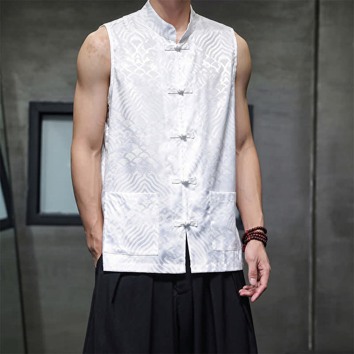 Buddha Stones Camiseta sin mangas para hombre con cuello mandarín, botones de rana y estampado abstracto de olas marinas, estilo verano Tang. - image 18