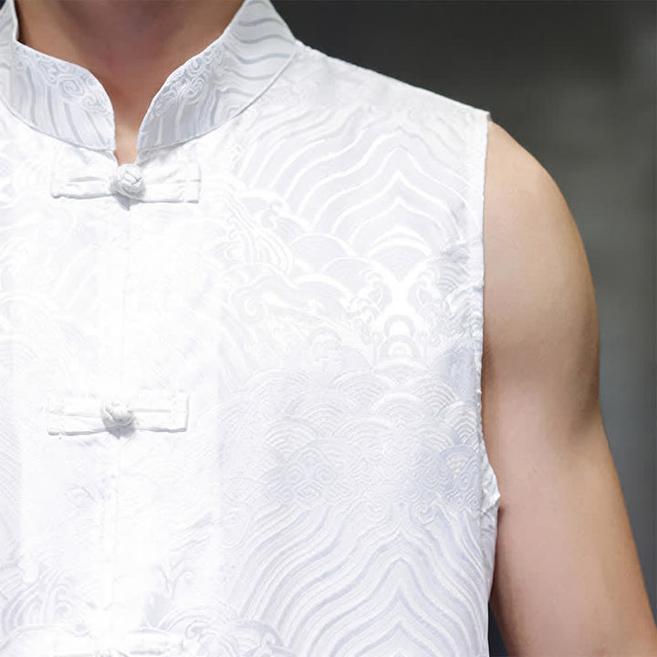 Buddha Stones Camiseta sin mangas para hombre con cuello mandarín, botones de rana y estampado abstracto de olas marinas, estilo verano Tang. - image 26