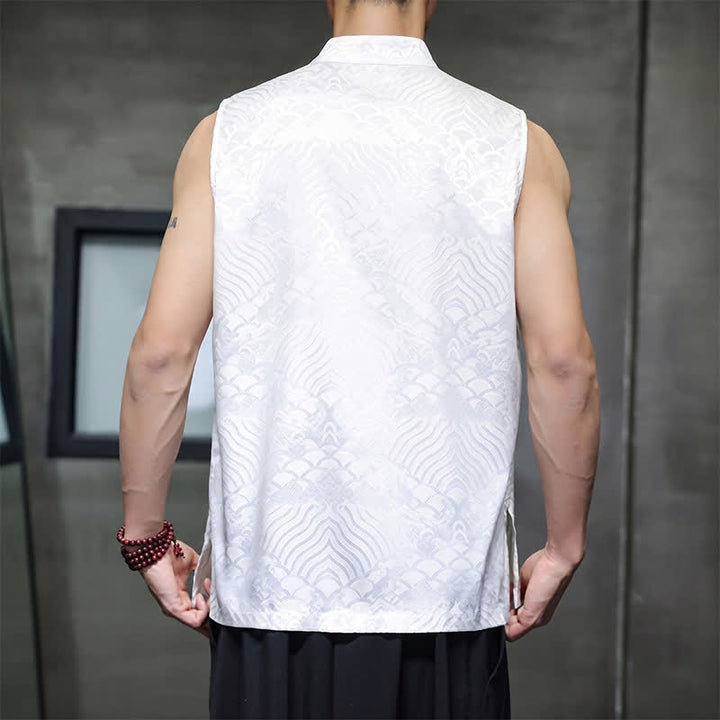 Buddha Stones Camiseta sin mangas para hombre con cuello mandarín, botones de rana y estampado abstracto de olas marinas, estilo verano Tang. - image 20