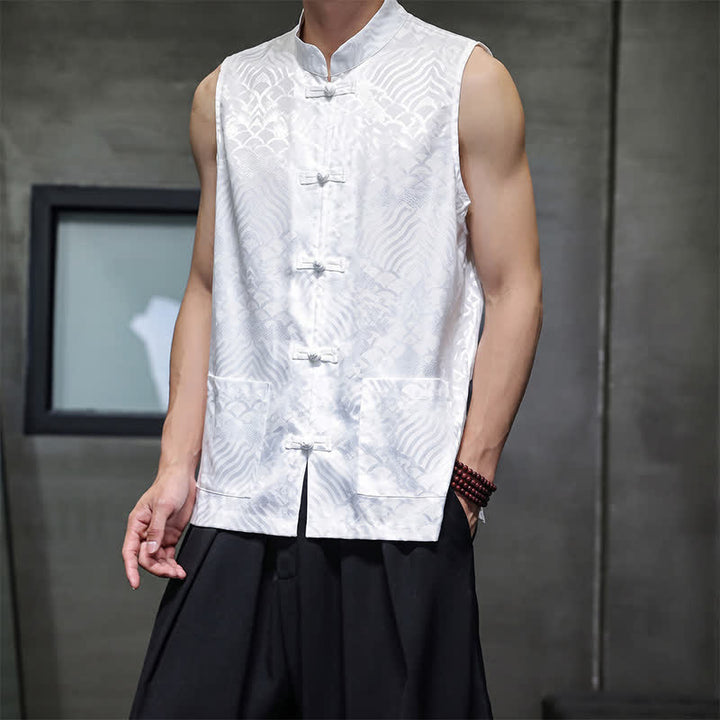 Buddha Stones Camiseta sin mangas para hombre con cuello mandarín, botones de rana y estampado abstracto de olas marinas, estilo verano Tang. - image 23