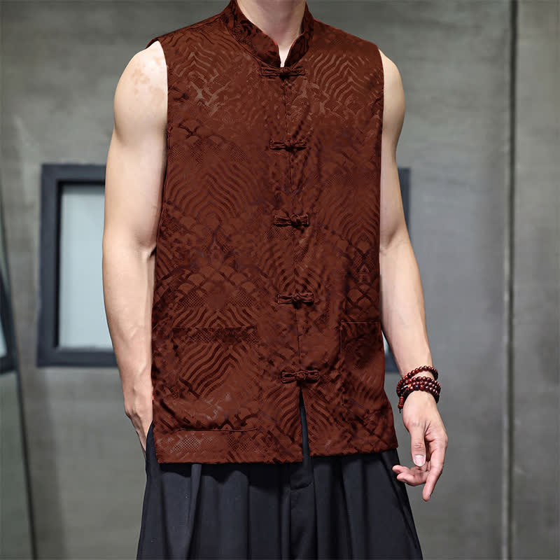 Buddha Stones Camiseta sin mangas para hombre con cuello mandarín, botones de rana y estampado abstracto de olas marinas, estilo verano Tang. - image 13