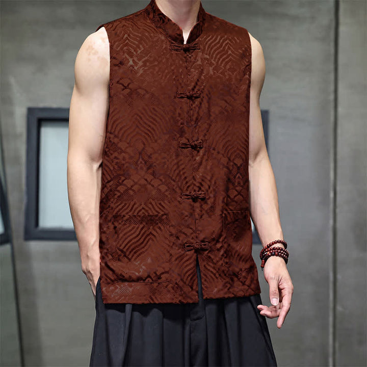 Buddha Stones Camiseta sin mangas para hombre con cuello mandarín, botones de rana y estampado abstracto de olas marinas, estilo verano Tang. - image 13