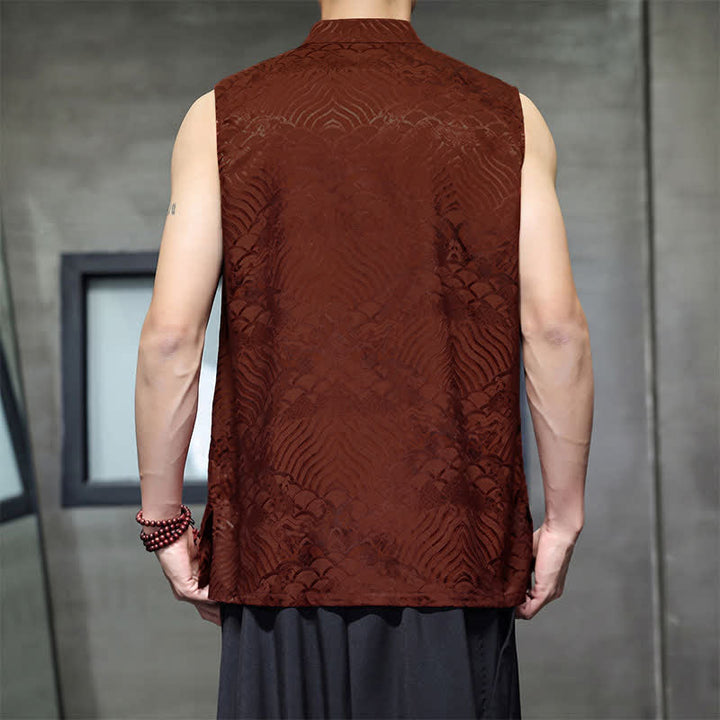 Buddha Stones Camiseta sin mangas para hombre con cuello mandarín, botones de rana y estampado abstracto de olas marinas, estilo verano Tang. - image 10