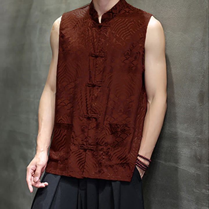 Buddha Stones Camiseta sin mangas para hombre con cuello mandarín, botones de rana y estampado abstracto de olas marinas, estilo verano Tang. - image 9