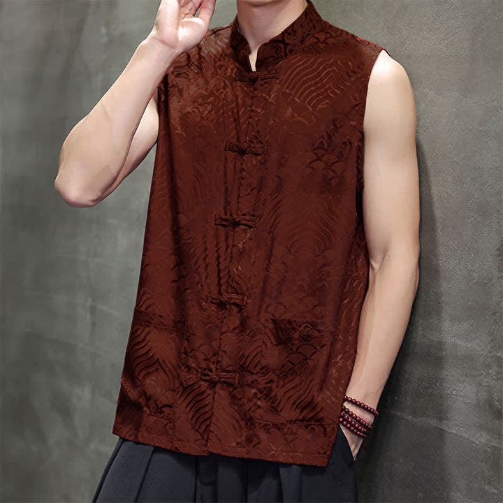 Buddha Stones Camiseta sin mangas para hombre con cuello mandarín, botones de rana y estampado abstracto de olas marinas, estilo verano Tang. - image 8