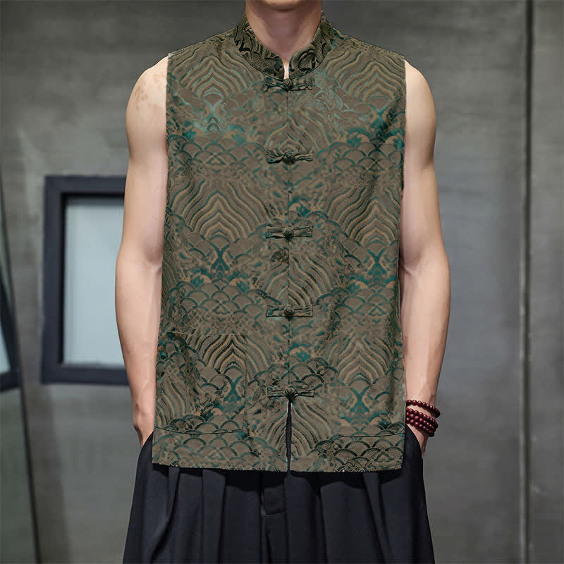 Buddha Stones Camiseta sin mangas para hombre con cuello mandarín, botones de rana y estampado abstracto de olas marinas, estilo verano Tang. - Aceituna - US/UK/AU46, EU56 (5XL) - image 0