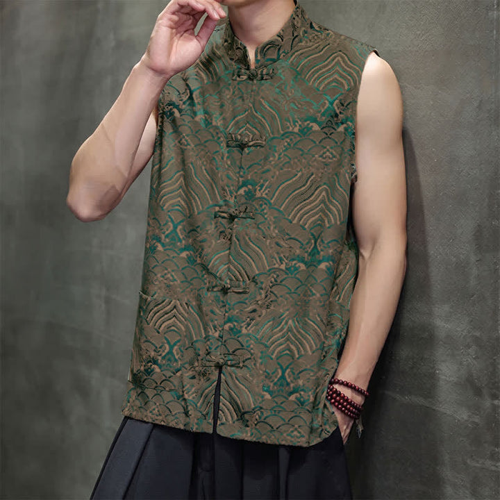 Buddha Stones Camiseta sin mangas para hombre con cuello mandarín, botones de rana y estampado abstracto de olas marinas, estilo verano Tang. - image 2