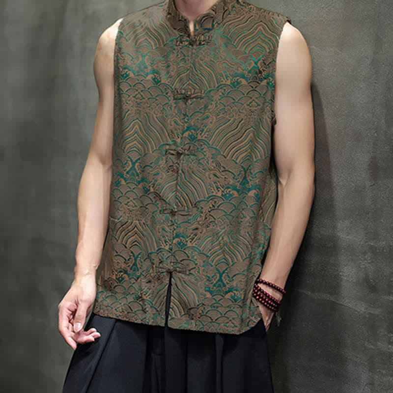 Buddha Stones Camiseta sin mangas para hombre con cuello mandarín, botones de rana y estampado abstracto de olas marinas, estilo verano Tang. - image 6