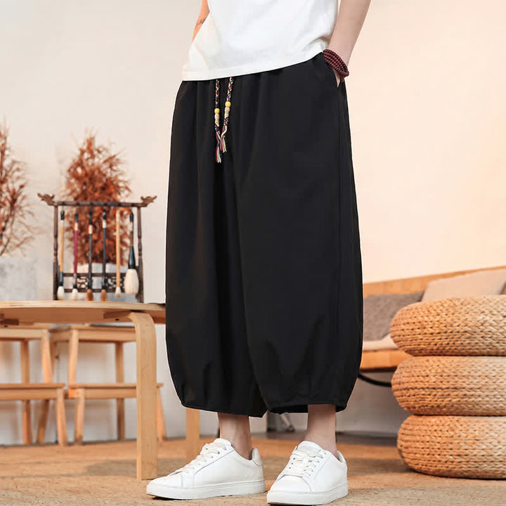 Buddha Stones Pantalones capri lisos informales de primavera/verano con cordón ajustable para hombre, estilo harem, con bolsillo. - image 14