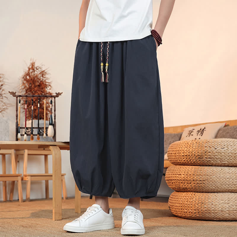 Buddha Stones Pantalones capri lisos informales de primavera/verano con cordón ajustable para hombre, estilo harem, con bolsillo. - image 32