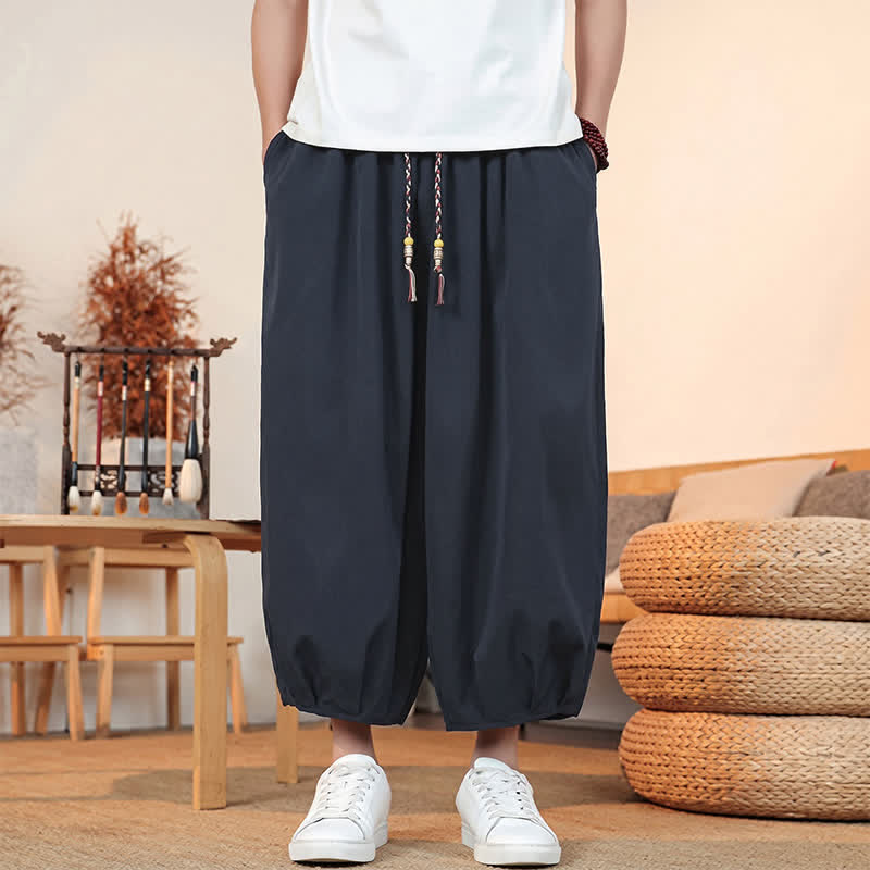 Buddha Stones Pantalones capri lisos informales de primavera/verano con cordón ajustable para hombre, estilo harem, con bolsillo. - Azul medianoche - US/UK/AU46, EU56 (5XL) - image 30