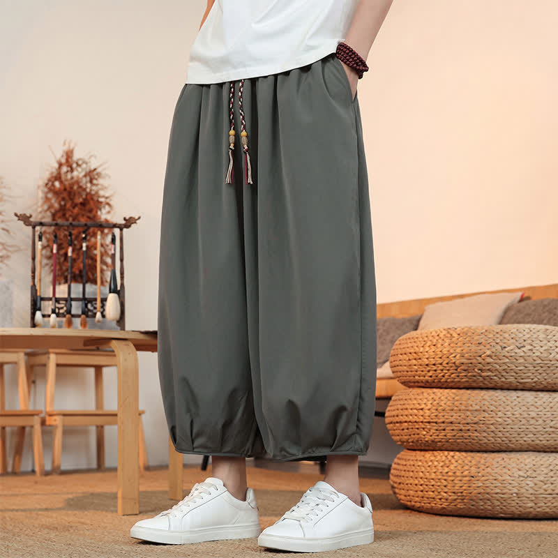 Buddha Stones Pantalones capri lisos informales de primavera/verano con cordón ajustable para hombre, estilo harem, con bolsillo. - image 7