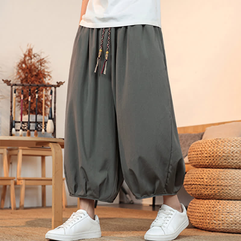 Buddha Stones Pantalones capri lisos informales de primavera/verano con cordón ajustable para hombre, estilo harem, con bolsillo. - image 3