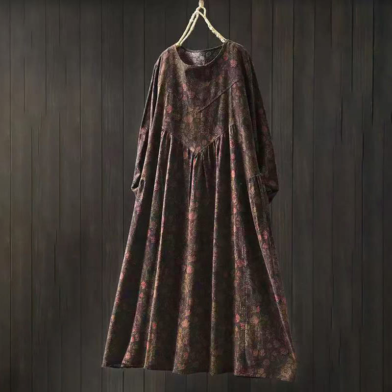 Vestido midi de manga larga para mujer con diseño de corte A, estampado floral retro y Buddha Stones - Marrón silla de montar - US4-8/10, UK/AU8-12/14, EU36-40/42 (F) - image 13