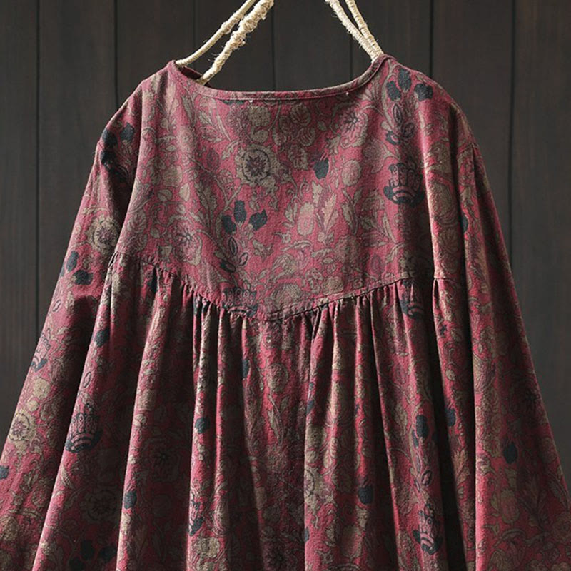 Vestido midi de manga larga para mujer con diseño de corte A, estampado floral retro y Buddha Stones - image 5