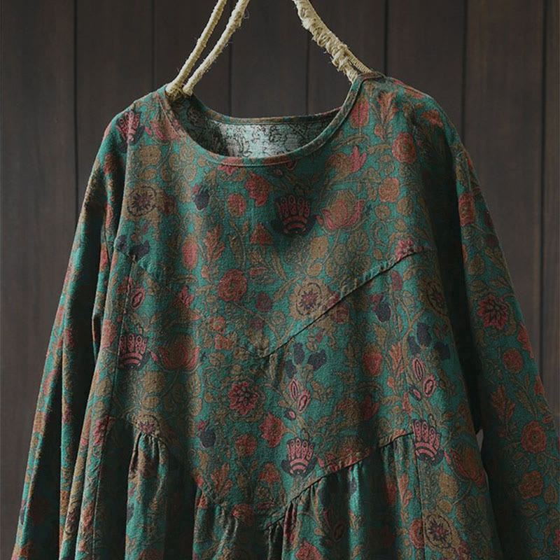 Vestido midi de manga larga para mujer con diseño de corte A, estampado floral retro y Buddha Stones - image 1
