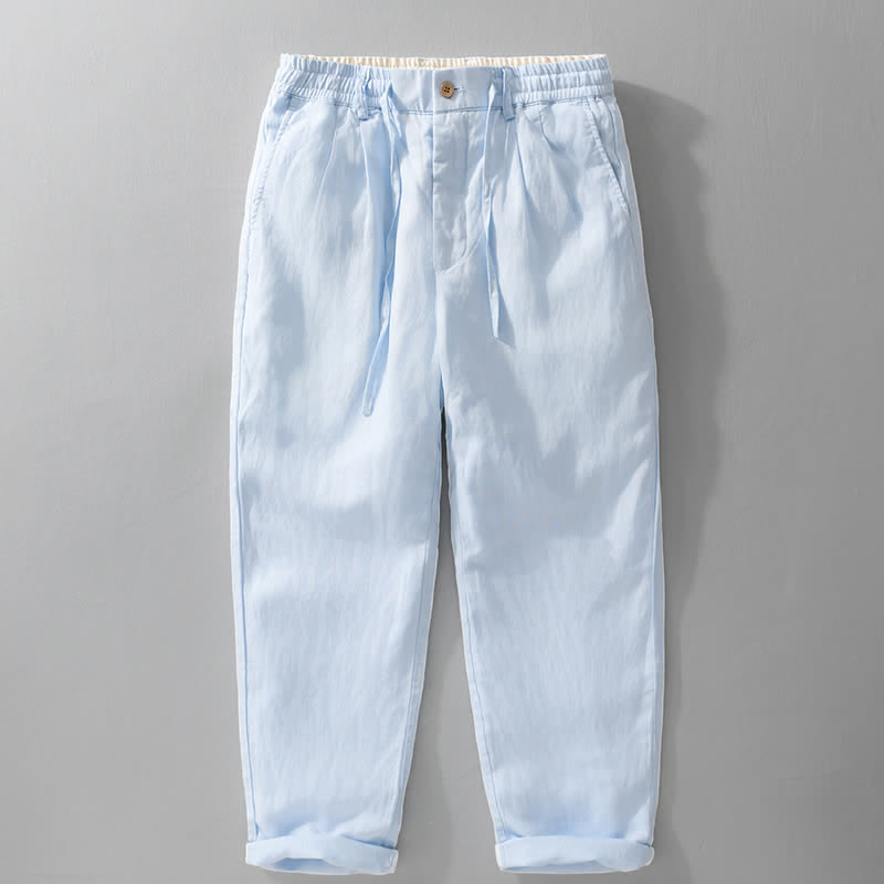Buddha Stones Pantalones largos de lino liso para hombre, estilo casual de primavera-verano, con cordón ajustable y cremallera, pierna recta y bolsillos. - Azul claro - US/UK/AU42, EU52 (3XL) - image 11