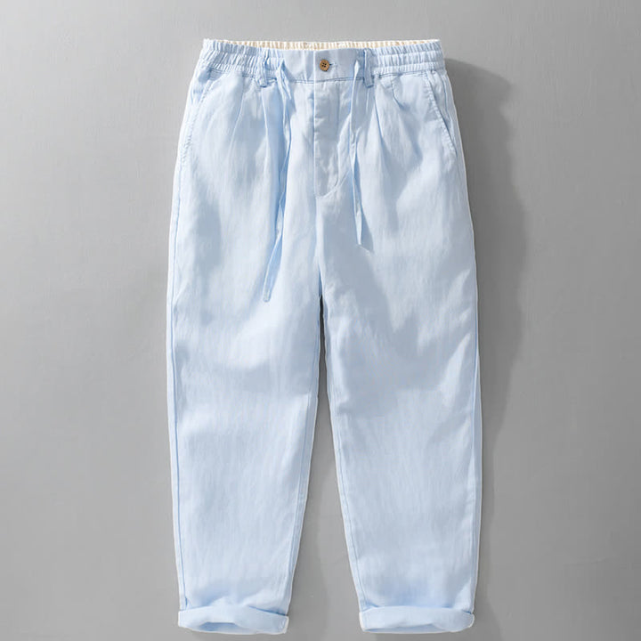 Buddha Stones Pantalones largos de lino liso para hombre, estilo casual de primavera-verano, con cordón ajustable y cremallera, pierna recta y bolsillos. - Azul claro - US/UK/AU42, EU52 (3XL) - image 11