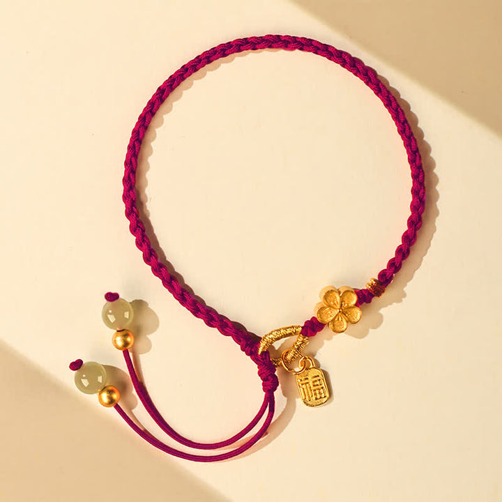 Buddha Stones Pulsera de hilo con amuleto de la suerte con personaje Fu en flor de melocotón pequeña de jade de Hetian - image 12