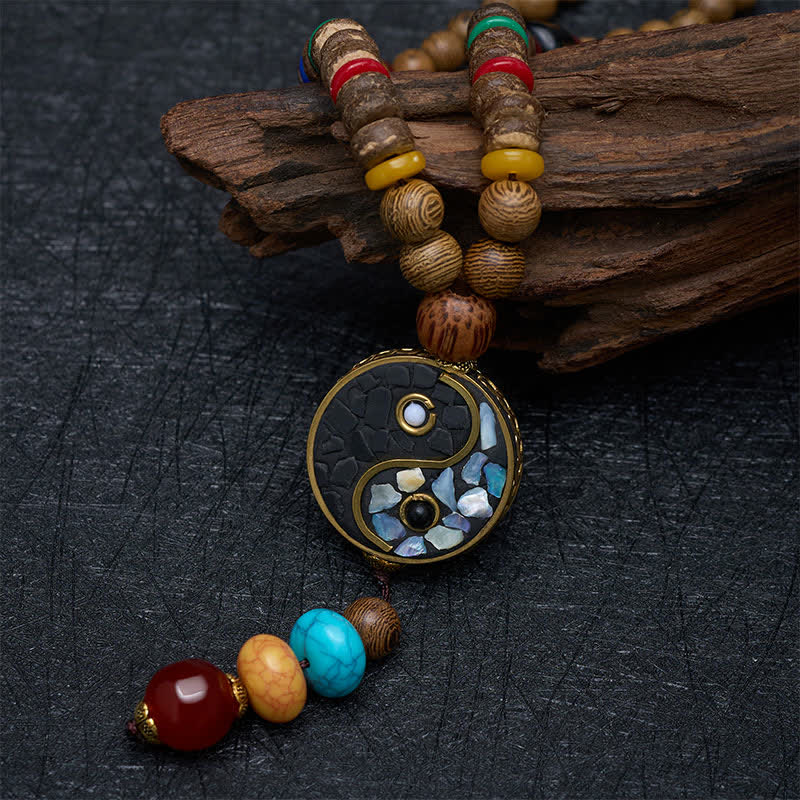 Buddha Stones Collar de cuentas de madera de wengué con diseño Yin Yang para el equilibrio y la conexión a tierra. - image 3