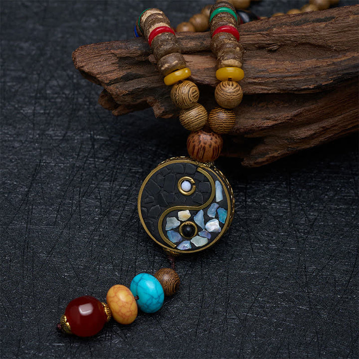 Buddha Stones Collar de cuentas de madera de wengué con diseño Yin Yang para el equilibrio y la conexión a tierra. - image 3