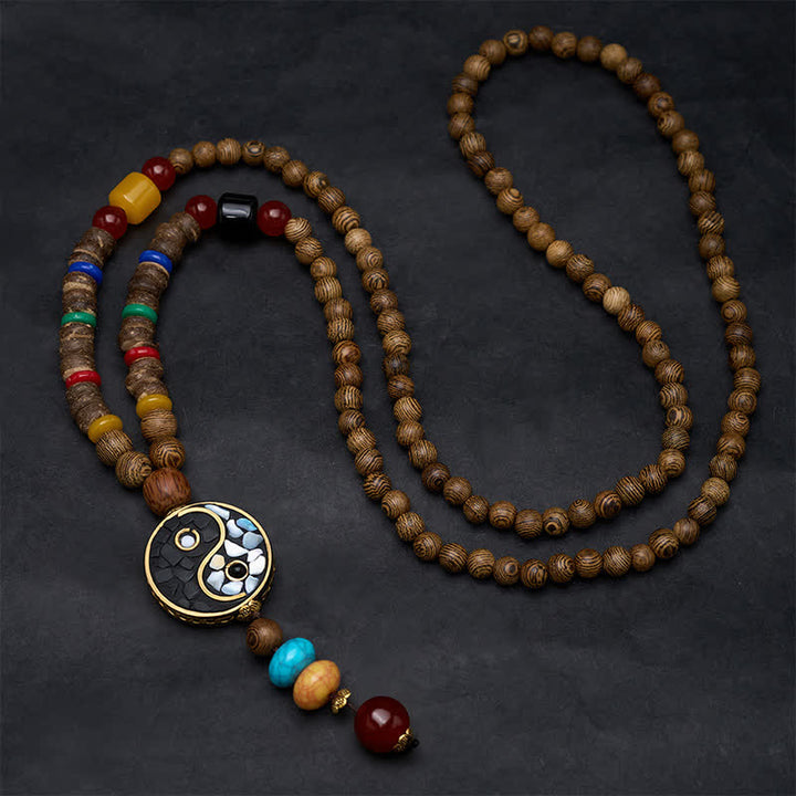 Buddha Stones Collar de cuentas de madera de wengué con diseño Yin Yang para el equilibrio y la conexión a tierra. - image 1