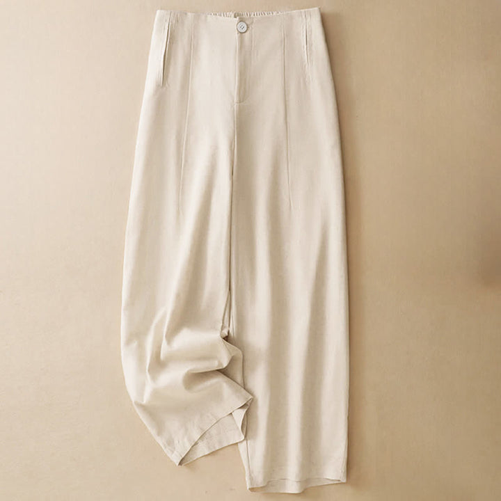 Buddha Stones Pantalones harem minimalistas de lino liso de cintura alta con botones y bolsillos para mujer, ideales para el verano. - Lino - US12, UK/AU16, EU44 (3XL) - image 9