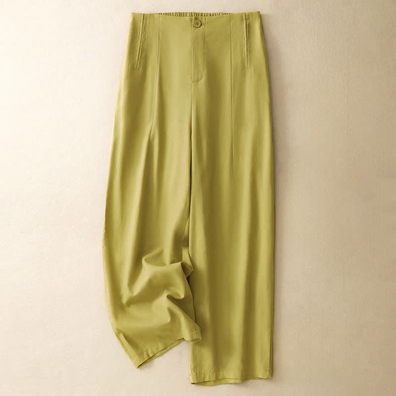 Buddha Stones Pantalones harem minimalistas de lino liso de cintura alta con botones y bolsillos para mujer, ideales para el verano. - caqui - US12, UK/AU16, EU44 (3XL) - image 0