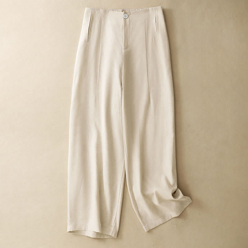 Buddha Stones Pantalones harem minimalistas de lino liso de cintura alta con botones y bolsillos para mujer, ideales para el verano. - image 11
