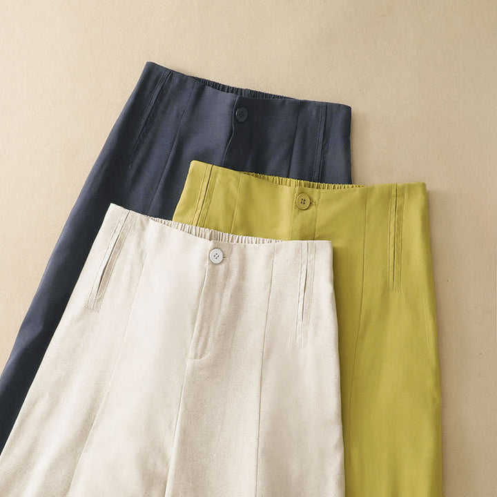 Buddha Stones Pantalones harem minimalistas de lino liso de cintura alta con botones y bolsillos para mujer, ideales para el verano. - image 17