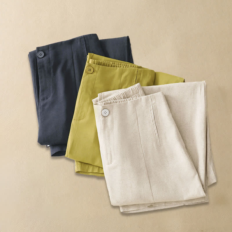 Buddha Stones Pantalones harem minimalistas de lino liso de cintura alta con botones y bolsillos para mujer, ideales para el verano. - image 16