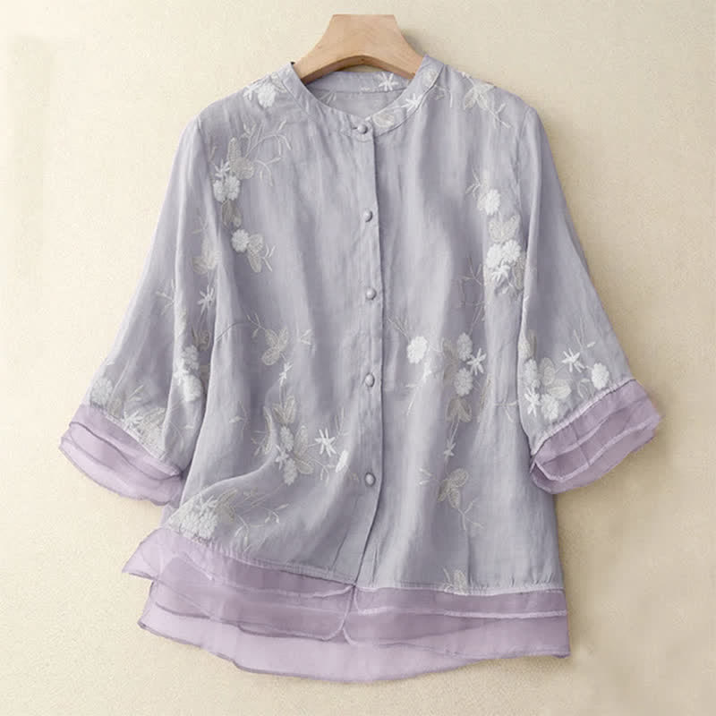 Camiseta de manga corta con cuello redondo y diseño informal de pétalos bordados con Buddha Stones para mujer. - Lavanda - US8-10，UK/AU12-14，EU40-42 (2XL) - image 0