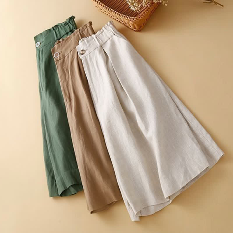 Pantalones cortos de lino y algodón con botones y cremallera plisados ​​de color liso con Buddha Stones para mujer con bolsillos - image 1
