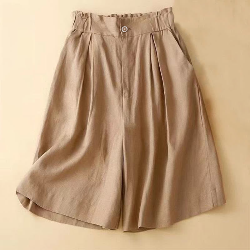 Pantalones cortos de lino y algodón con botones y cremallera plisados ​​de color liso con Buddha Stones para mujer con bolsillos - vara de oro - US12, UK/AU16, EU44 (3XL) - image 0