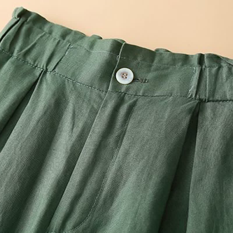 Pantalones cortos de lino y algodón con botones y cremallera plisados ​​de color liso con Buddha Stones para mujer con bolsillos - image 15