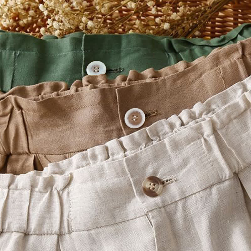 Pantalones cortos de lino y algodón con botones y cremallera plisados ​​de color liso con Buddha Stones para mujer con bolsillos - image 22